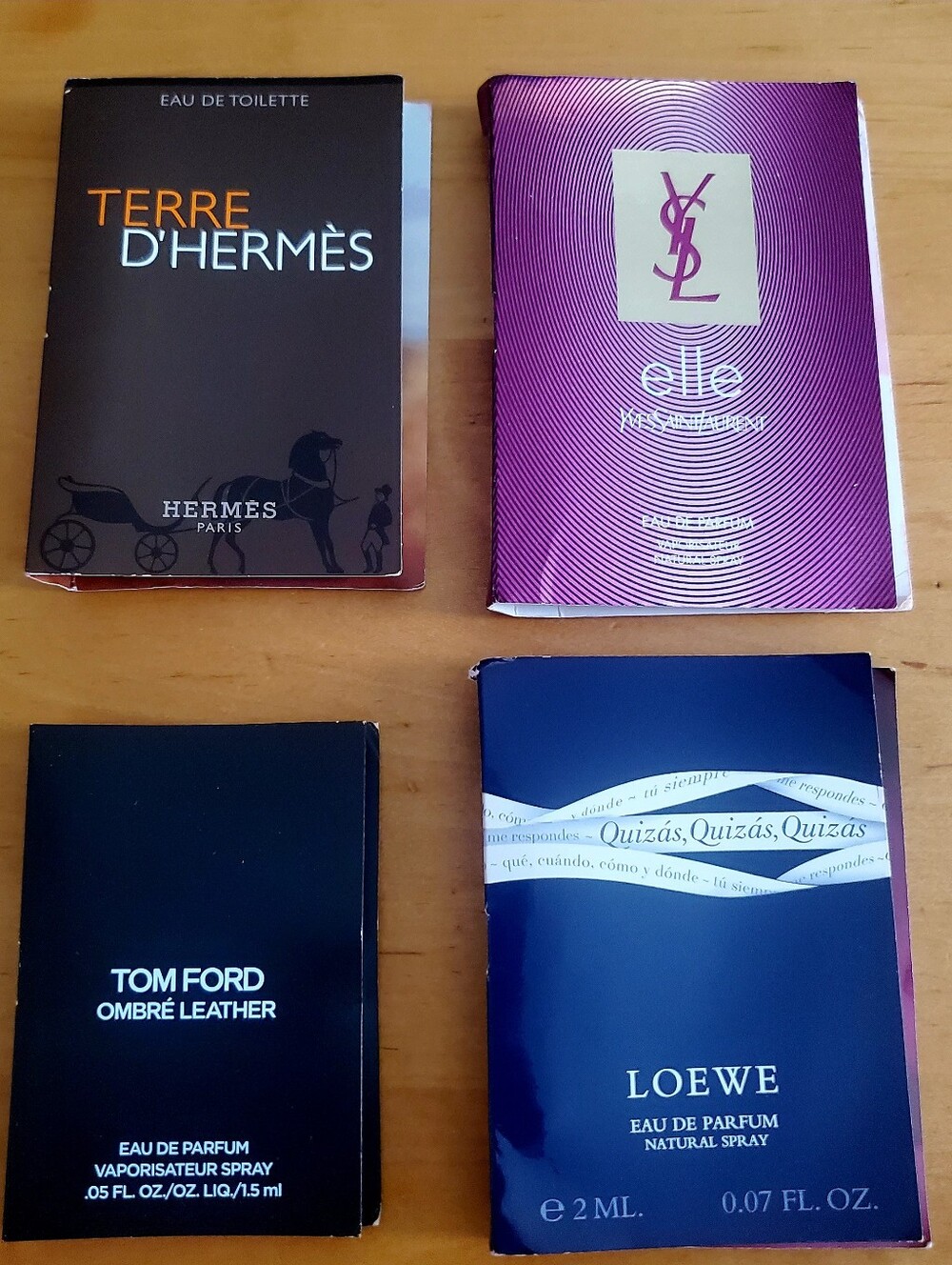 4 of carded designer perfume sample, Hrmes, YSL ,Tom Ford   Loewe